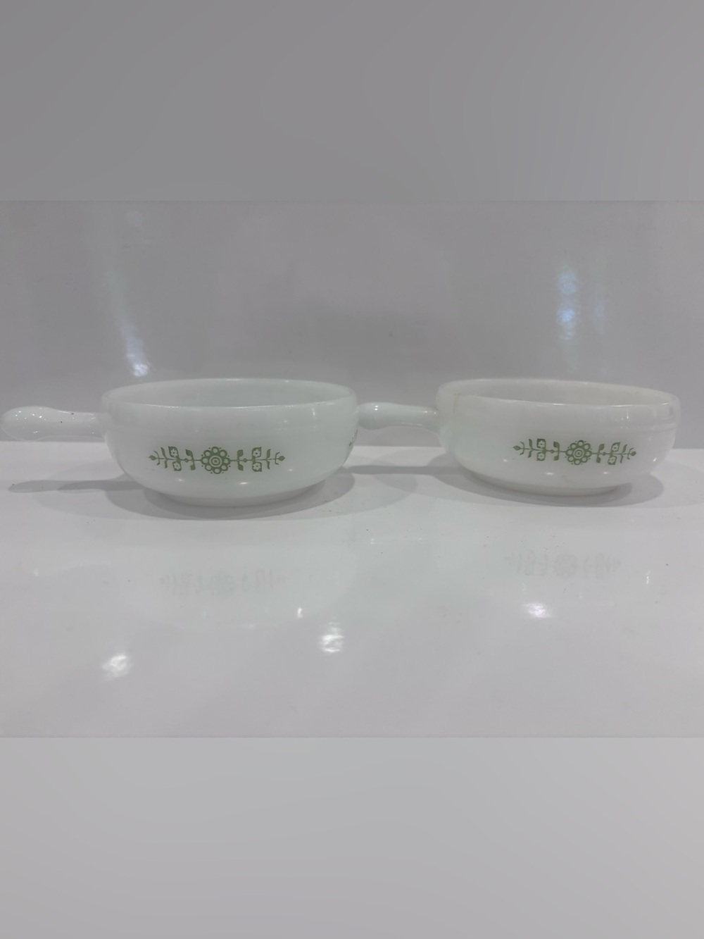 Vtg White Milk Glass Soup Cereal Bowls w/ Handles USA Green & White(2)